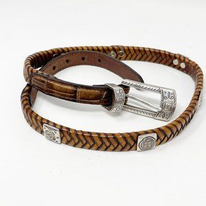Brighton Womens Brown Braided Leather Skinny Silver Belt  Size Extra Small